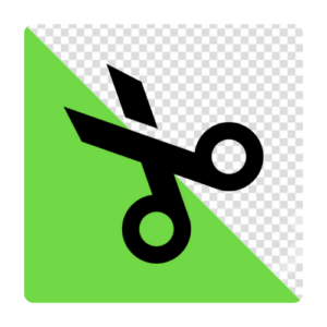 Scissors icon cutting diagonal line showing background eraser tool removing green backdrop to create transparent checkered photo cutout