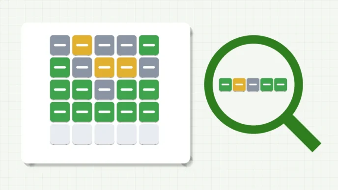A grid of green, yellow and gray tiles beside a magnifying glass