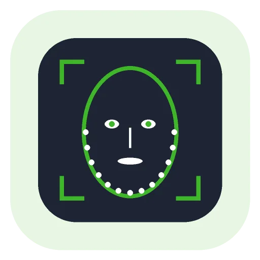 Face outline with landmark dots inside a scan frame