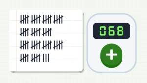 Tally marks in groups of five next to a digital tally counter