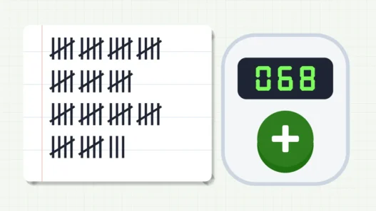 Tally marks in groups of five next to a digital tally counter